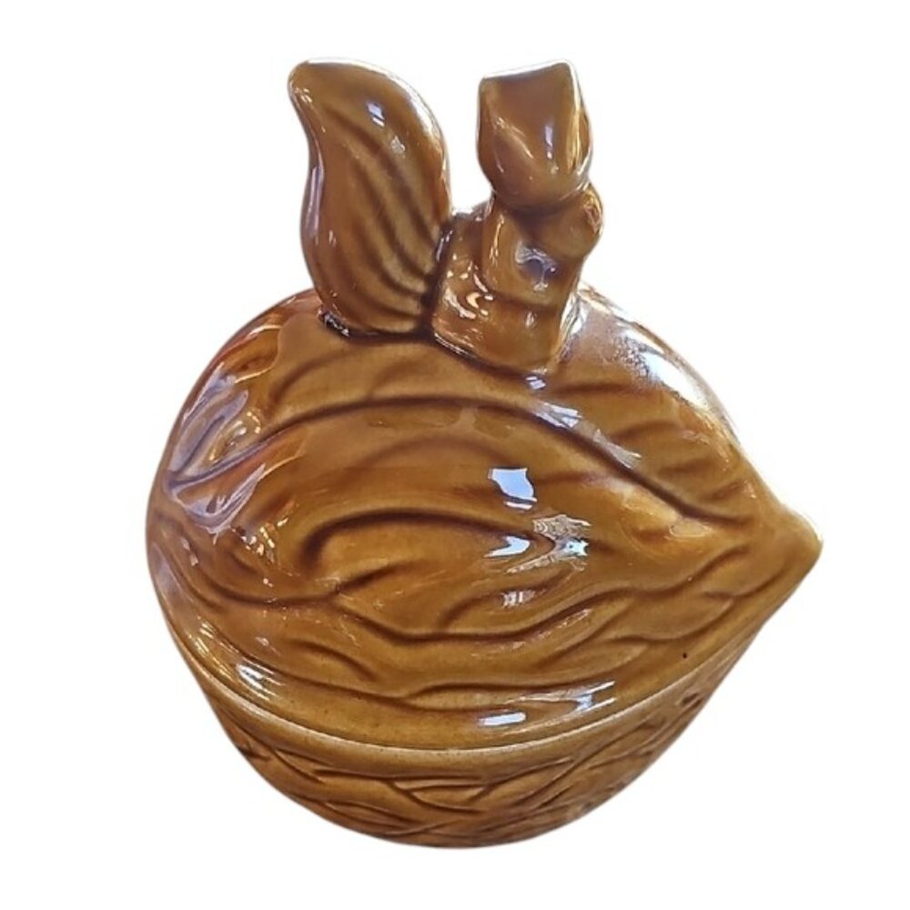 Vintage lidded 2 piece Ceramic Squirrel Acorn walnut Dish Container - Picture 2 of 10